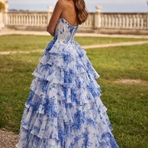 2025 Sherri Hill Blue and White Dress Style 5720